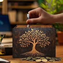 1pc Decorative Handmade Wooden Piggy Bank, Reusable Vintage Wooden Coin Box, 2D Rectangular Coin Box With Golden Tree Pattern, For Home Office Decor - Multicolor - View 3