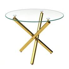 Mesa de comedor redonda con tablero de cristal templado y patas doradas, mesa de centro, mesa de comedor moderna minimalista, 80 * 80 * 76 cm - Dorado - Ver 6