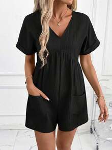 Clasi Mono informal con cuello en V, estampado floral verde y pliegues para mujer - Negro - Ver 12