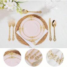 300 piezas de platos de plástico rosa y dorado, juego de vajilla desechable rosa para 50 invitados: 100 platos, 50 cuchillos, 50 tenedores, 50 cucharas y 50 servilletas para bodas, aniversarios y fiestas. - Rosa y oro - Ver 9
