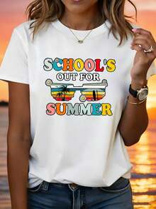 Summer Vacation Brings Relaxation And Joy. Women's Spring/Summer T-Shirt, Round Neck, Casual Style, With A Vintage Sunglasses And Surfboard/Coconut Tree Print, Perfect For Everyday Wear, Shopping, And Parties. - 白色 - 查看 1