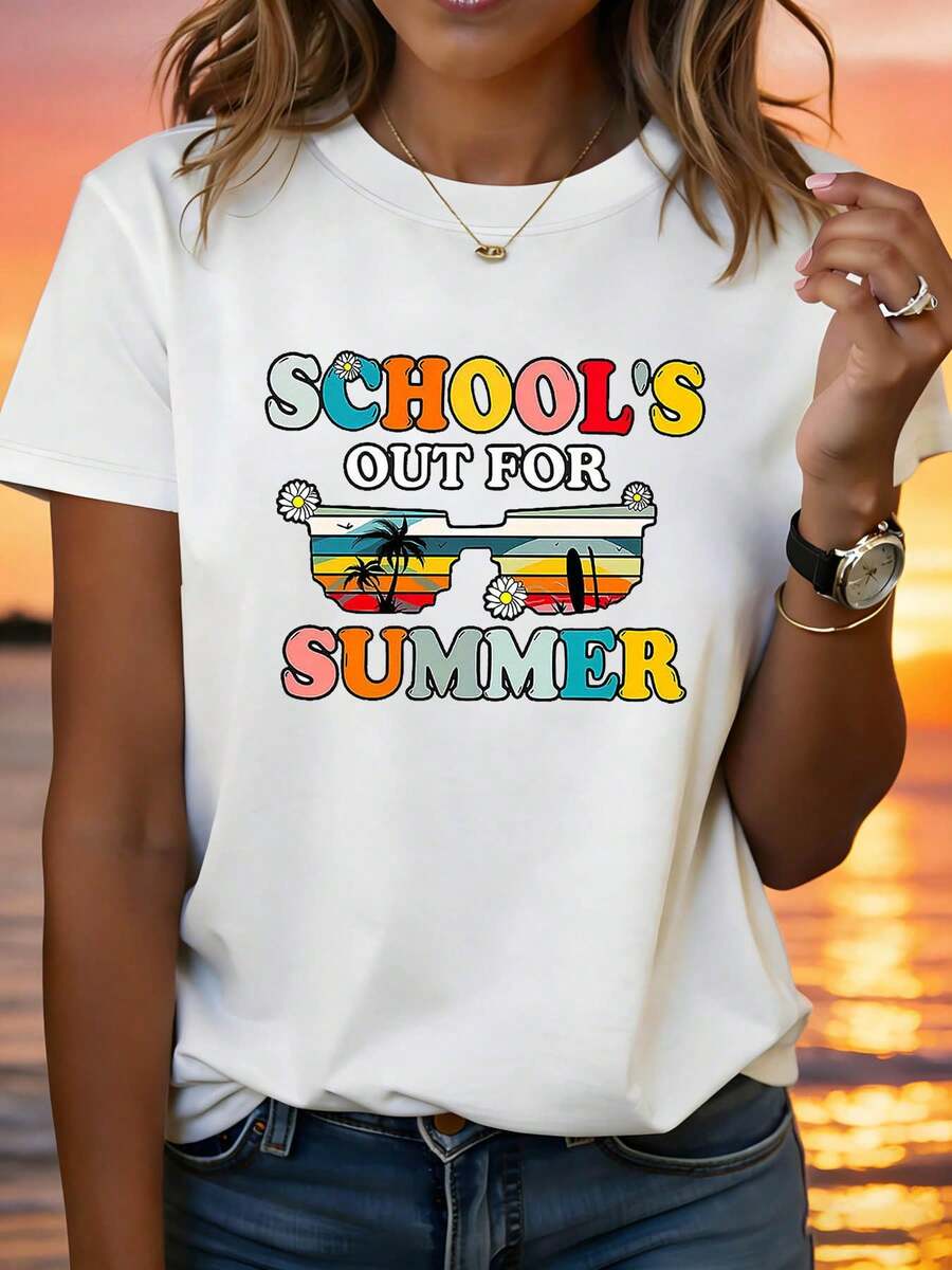 Summer Vacation Brings Relaxation And Joy. Women's Spring/Summer T-Shirt, Round Neck, Casual Style, With A Vintage Sunglasses And Surfboard/Coconut Tree Print, Perfect For Everyday Wear, Shopping, And Parties. - 白色 - 查看 1