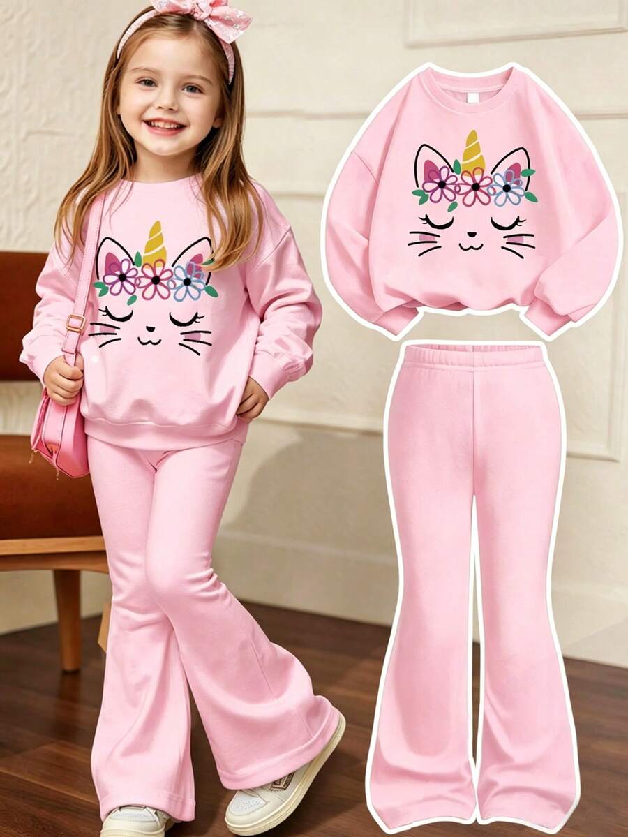 Young Girl Cartoon Print Crew Neck Long Sleeve Sweatshirt And Flare Leg Pants Casual Outfit - Pink - View 1