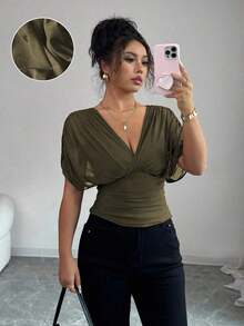 Elenzya Women's Blouse With Bell Sleeves, Gathered Shoulders, Drawstring Waist And Ruffled Hem, Stretch Mesh With Knit Lining, Elegant For Vacation, Beach, Travel And Casual Wear, In Romantic French Style - 軍綠色 - 查看 10