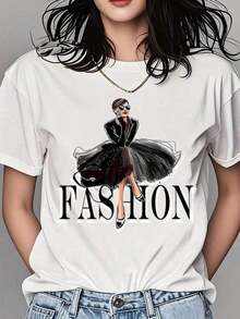Women's Fashion Graphic Print Short Sleeve T-Shirt 2026 Summer Clothes Women's Round Neck T-Shirt Fashion Women's Graphic Print T-Shirt On Black Dress Casual Short Sleeve T-Shirt For Everyday Wear In Summer And Spring Loose And Comfortable Summer T-Shirts Comfortable And Simple Short Sleeve T-Shirt For Everyday Wear - 白色 - 查看 6