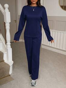 Christmas Women's Waist-Cinched Mid-Length Sweatshirt And Pants Slimming Grey Set - Navy - View 9
