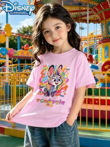 Disney Teen Girls Cute Zootopia Print Short Sleeve T Shirt Summer Casual Baby Tee Teen Girl Clothes Summer Clothes Summer Tops Cute Tops - 粉色 - 查看 1