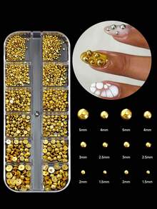 12格 3D 金色半珍珠美甲裝飾，2000顆平底半圓珍珠美甲用，6種尺寸金色珍珠水鑽，適用於美甲設計 DIY 手工服飾鞋子裝飾美甲用品美甲寶石 - 金色 - 查看 7