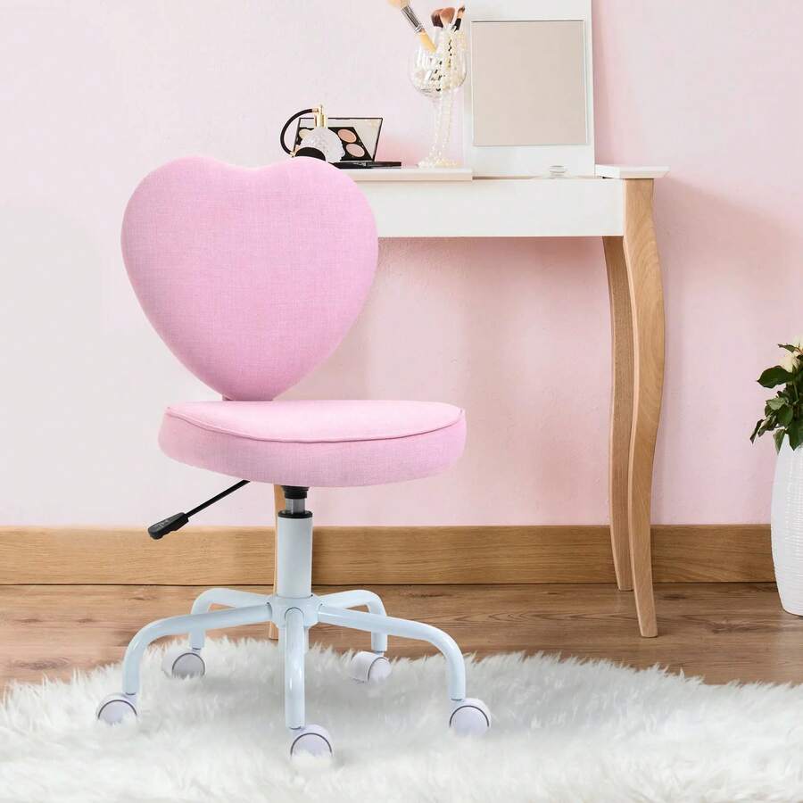 Swivel Chair, Executive Chair, Computer Chair, Height Adjustable, Pretty Pink Linen Upholstery With Heart Pattern, 40 X 50 X 79-89 Cm - Pink - View 1