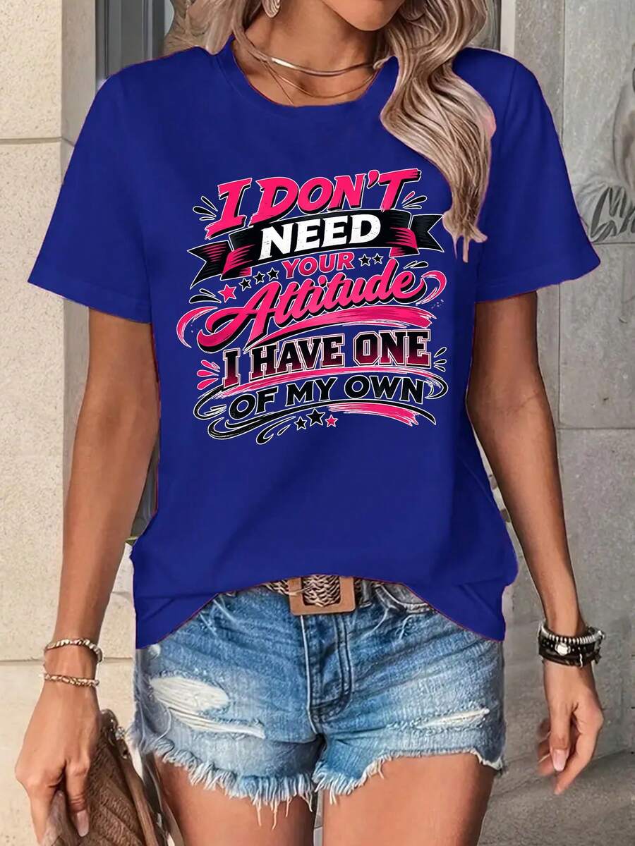 Wo'S Funny Saying T-Shirt | Bold Pink Text: "I Don't Need Your Attitude, I've Got My Own" - Black Star T-Shirt | Soft Everyday T-Shirt For Women | Machine Washable Casual Top | Cool Birthday Gifts For The Workplace. Cool Summer Clothes For Women. - 藍色 - 查看 1