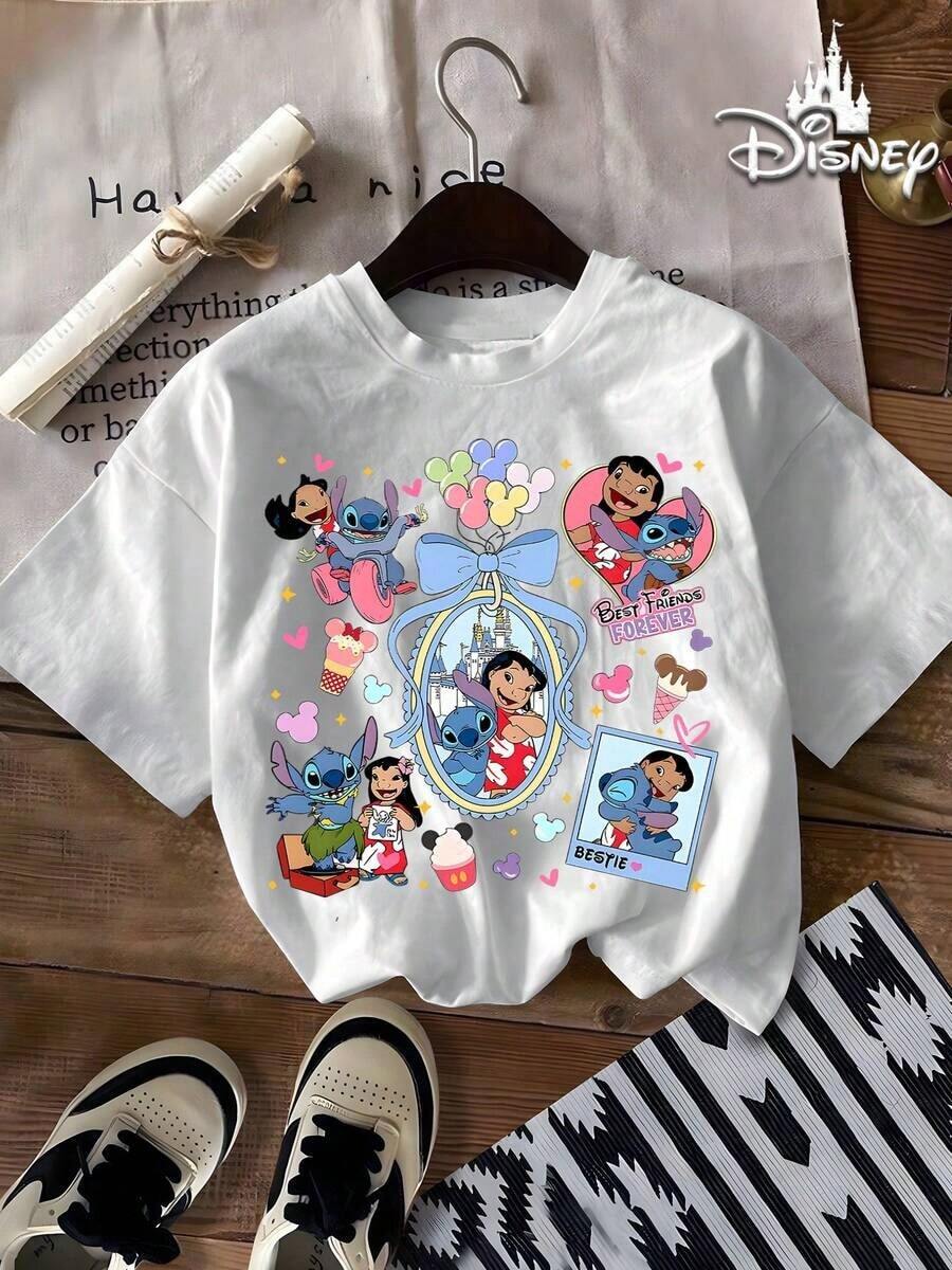 Disney Authorized 100% Cotton T-Shirt, Lilo And Stitch Print Soft Round Neck T-Shirt, Full Of Vivid Design Details, Disney Gift, Fabric Washable And Easy To Take Care Of, Daily Street Travel, Commuting And Other Scenes, Full Of Vacation Atmosphere, Male And Female Short-Sleeved T-Shirt, Machine Washable - White - View 1
