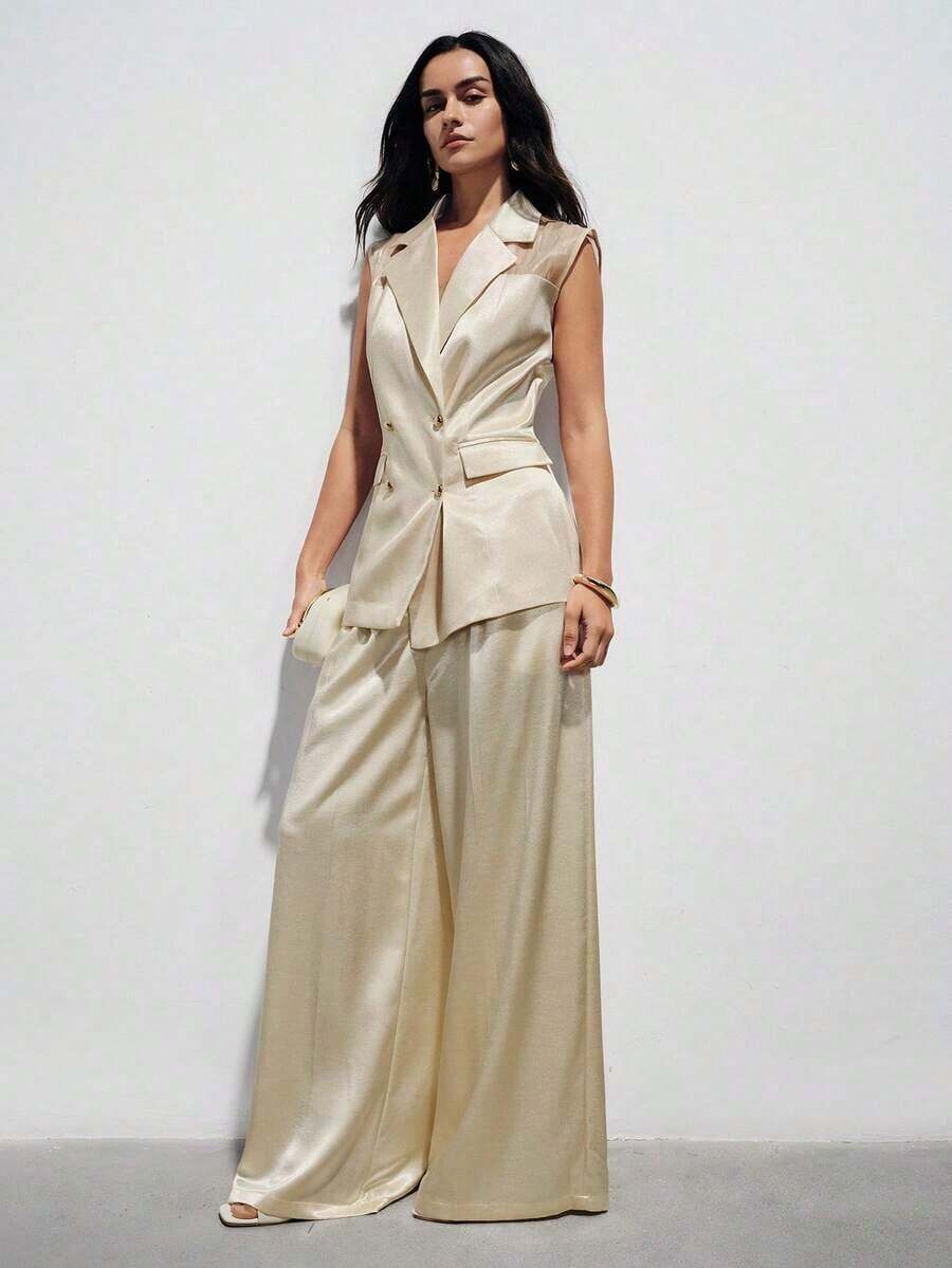 AYYAveloria Modichic Blazer de mujer versátil y elegante de diseño de alta gama con parches de organza brillante, satén y gasa de doble botonaduraAYY - Albaricoque - Ver 1