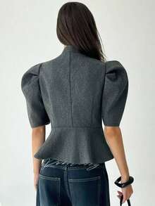 AYYAloruh Abrigo de mujer de manga corta abullonada, de un solo botonadura, con cuello de lazo, de moda, para otoño e invierno. Abrigo gris oscuro con hombros anchos y bufanda, de estilo corto, elegante para otoño e invierno para mujeres.AYY - Gris - Ver 2