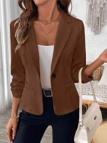 AYYEMERY ROSE Blazer informal de mujer de unicolor con puños drapeados para otoñoAYY - Gris - Ver 10
