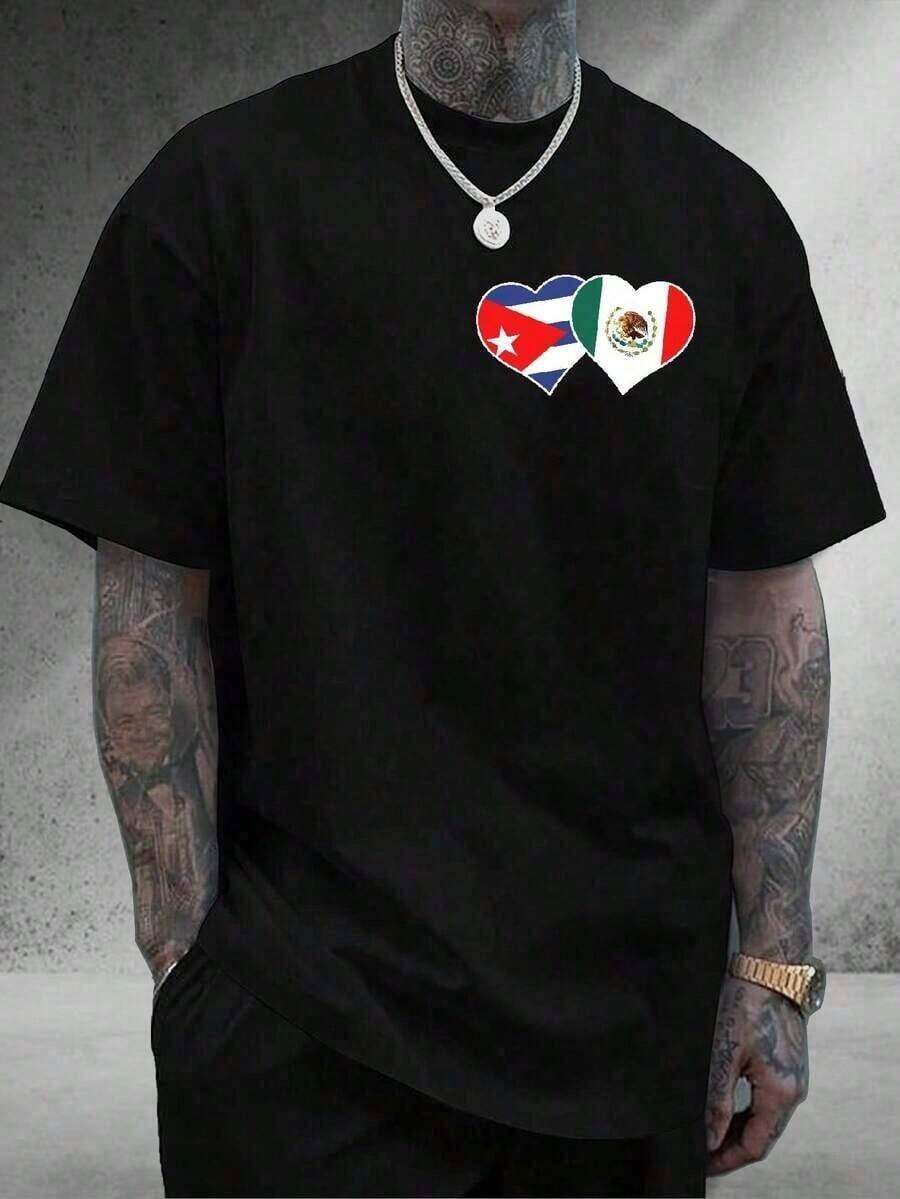 Men's Cotton T-Shirts: Mexico And Puerto Rico Hearts Design | Ideal For Fans Of Both Countries | 180gsm, 100% Cotton, Soft And Breathable | Perfect Gift, Classic T-Shirt | Comfortable For Summer | Casual Everyday Style | Graphic Tee | Breathable And Comfortable. - 黑色 - 查看 1