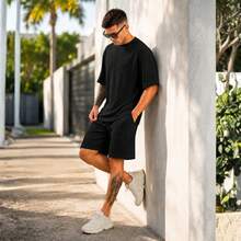 Men's Oversized Textured Casual Basic Plain Premium T-Shirt - 黑色 - 查看 4