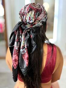 Women's Large Square Satin Scarf 90x90 Elegant Fashion Bandana For Hair And Neck - L5-Preto e vermelho - 查看 3