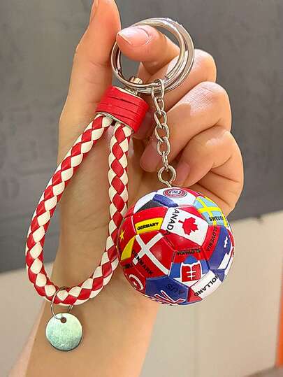 1pc World Cup Football Memorial Keychain, Small Pendant With Leather Rope, 3D Keyring Accessory With International Flags