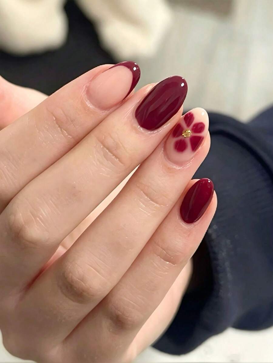 24 pezzi Unghie finte acriliche press-on a forma di mandorla corta, stile minimalista classico, colore bordeaux con decorazione floreale francese, vestibilità perfetta, facili da indossare, adatte per tutte le donne e ragazze, per feste, balli di fine anno, uso quotidiano e pendolarismo, forniture per arte di unghie. - Multicolore - Visualizzare 1