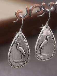 Silver Heron Earrings, With Teardrop Shaped Blue Heron Outline - Silver - View 6