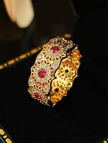 Vanel 1pc Elegant Fashionable Red And Transparent Cubic Zirconia Inlaid Hollow Design Ring, Suitable For Women's Daily Wear - Golden-red - View 4