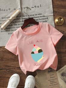1pc Baby & Toddler Girls Creative Cartoon Ice Cream Print Basic Crew Neck Short Sleeve T-Shirt, Casual & Fashionable - Pink - View 3
