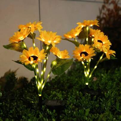 1 pieza Luces solares de girasol de 6 cabezales, blanco cálido, sensor automático del anochecer al amanecer, resistente al agua IP, lámpara de estaca de flor para exteriores, jardín, camino, calle, Pascua, fiesta, entrada del hogar, decoración del paisaje