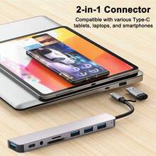 雙接頭 USB 3.0 集線器，8 合 1 多功能轉接器，含 USB-A/USB-C、4 個 USB 3.0 接口、SD/TF 讀卡機、音訊插孔，筆記型電腦、PC 適用便攜式鋁合金擴充塢 - 查看 5