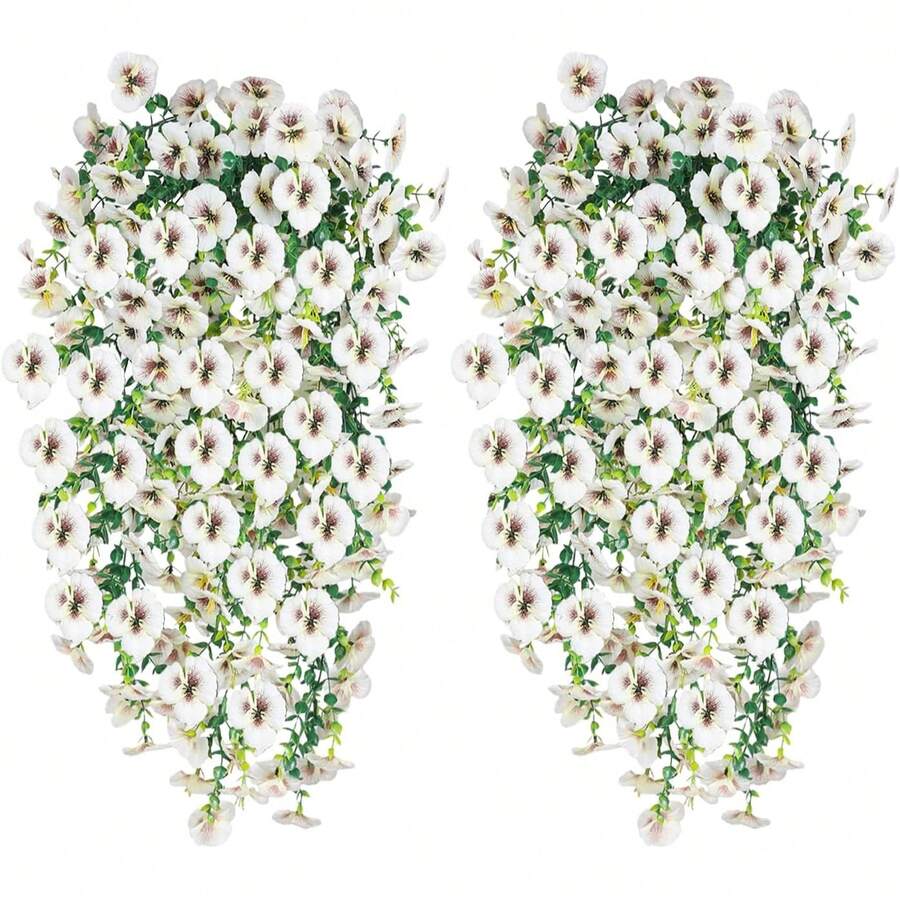 1/3 piezas de flores y plantas artificiales colgantes, pensamientos de seda falsa con hojas de eucalipto, apariencia realista resistente a los rayos UV, adecuadas para macetas de flores al aire libre, porche, patio, balcón, decoración de primavera y verano - Blanco - Ver 1