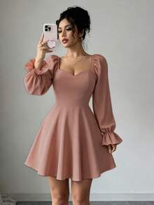 Women's Elegant Strapless Fitted Pleated Midi Dress - 咖啡棕 - 查看 1