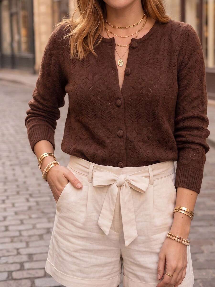 Women's Brown Knit Cardigan, Round Neck, Long Sleeve, Button Front, Hollow Ribbed Knit, Regular Length, Autumn/Winter Fashion - Coffee Brown - View 1