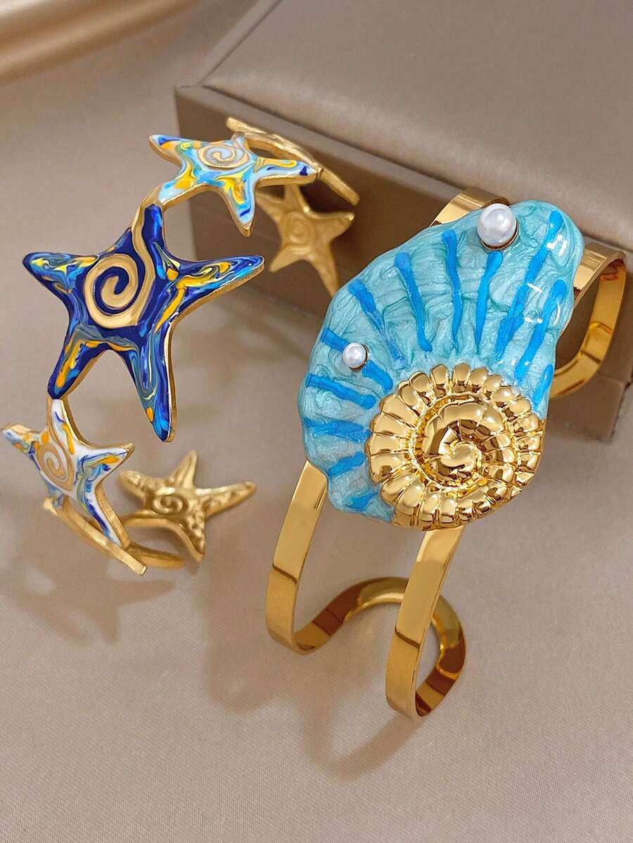 Bohe 琺瑯海星貝殼海洋金屬手鐲套組,不鏽鋼女款飾品,美人魚風,適合夏季、媽媽禮物、日常、派對、生日、情人節 - 多色2 - 查看 1