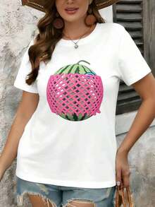 Women's Clothing. Casual Summer T-Shirt With Watermelon Print, Premium Cotton, Loose Fit, Breathable, Casual Style, Graphic Design. Women's Shirts - 白色 - 查看 1