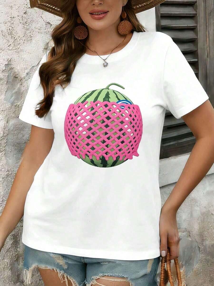 Women's Clothing. Casual Summer T-Shirt With Watermelon Print, Premium Cotton, Loose Fit, Breathable, Casual Style, Graphic Design. Women's Shirts - 白色 - 查看 1