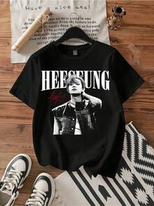 HEESEUNG  White Signature Tee.Vintage Graphic Print Casual Cotton Short Sleeve T-Shirt - Black - View 1