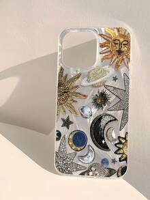 1pc Retro Glamorous Cosmic Theme Mysterious Space Sun Moon Saturn Venus Pattern Large Hole Feather Soft Phone Case Suitable For IPhone 11/12/13/14/15/16/17 Pro Max - Multicolor - View 2