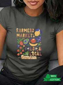 New 2026 Collection: Cotton T-Shirt With Anime Letter Print, Women's Round Neck T-Shirt With A Simple Design, Comfortable And Breathable, Suitable For Casual Daily Wear, Showcasing A Refreshing Summer Style, A Must-Have For Parties, Local Shipping, With The Text FARMERS MARKET And LOCAL. Lightweight Cotton. - 杏色 - 查看 11