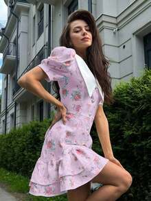 Spring/Summer Casual Style Dress With Collar, Front Buttons, Tie Back And Tie-Dye Print, For Everyday Wear, Western Style, Bohemian, Music Festivals, Vacation, Fairycore Style, Elegant For Women - Dark Gold - 查看 11