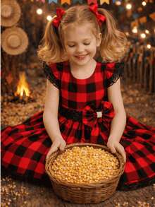 Girls' Junior Dress For June Festivals, Plaid, Country Style, Rodeo, Square Dance, Ruffled Skirt, Elastic, Short Sleeve, Ruffled Lace, Saint John's Day Events, Queen Of Popcorn, Adjustable, Full Skirt, Fashion, Themed Clothing, Country Style, Modern, Loose Fit, Lightweight, Comfortable Fabric, Typical Photoshoot, Classic, Traditional Print, Sophisticated Outfit, Versatile, Elegant, Blogger Style, Arraiá, With Bow, Glitter - Đỏ và đen - Xem 2