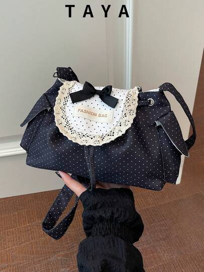 New Fashion Sweet Lace Bow Decor Square Bag, Polka Dot Print, Flap Opening, Adjustable Long Shoulder Strap, Small Capacity Lightweight Minimalist Soft Shoulder Bag. Suitable For Women's Daily Life, Commuting And Student Use