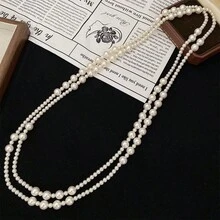 1pc White Multi-Layer Gradient Pearl Necklace, Vintage Gentle Versatile, Daily Wear & Party Accessory, Anniversary Gift - White - View 4