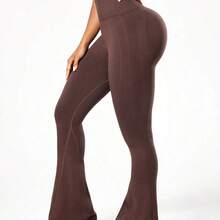 guang zhou mi qian shang mao Slayform Pantalones acampanados de cintura alta de unicolor sin costuras para mujer - Negro01 - Ver 4