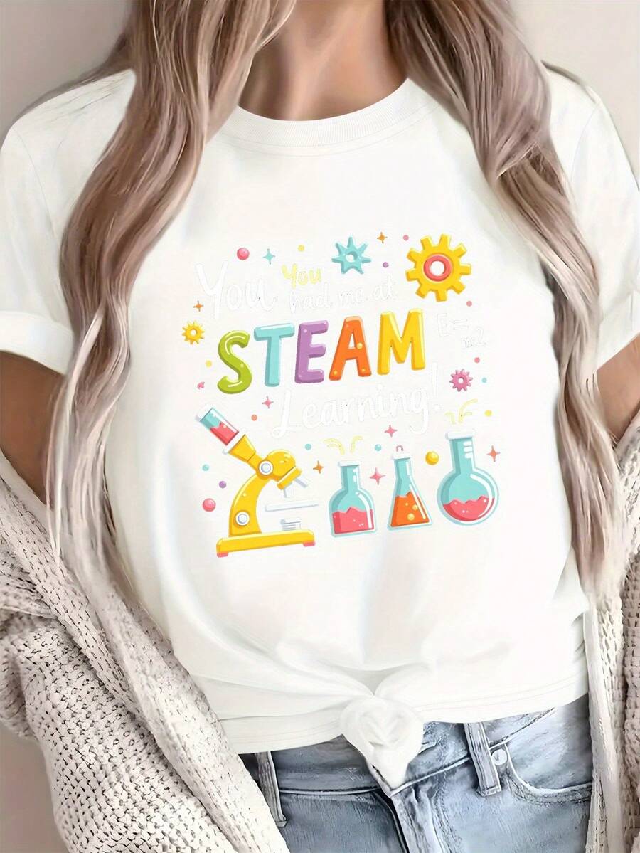 Comfortable Solid Color T-Shirt For Women With The STEAM Learning Science Icon. - White - View 1