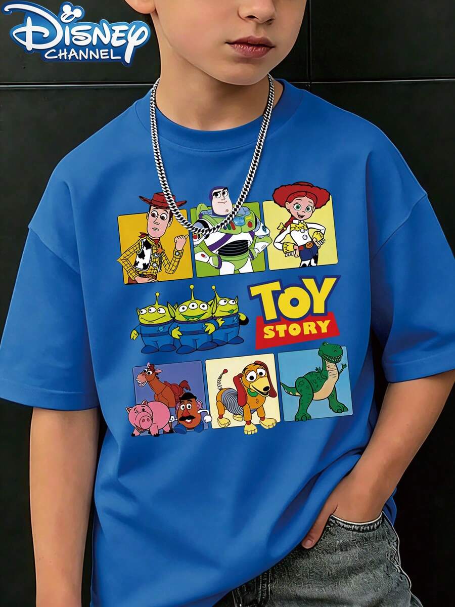 [Authentic] Disney "Toy Story" Printed Boys' Summer Crew-Neck Casual T-Shirt-Perfect As A Birthday Gift And Ideal For Everyday Wear - 藍色 - 查看 1