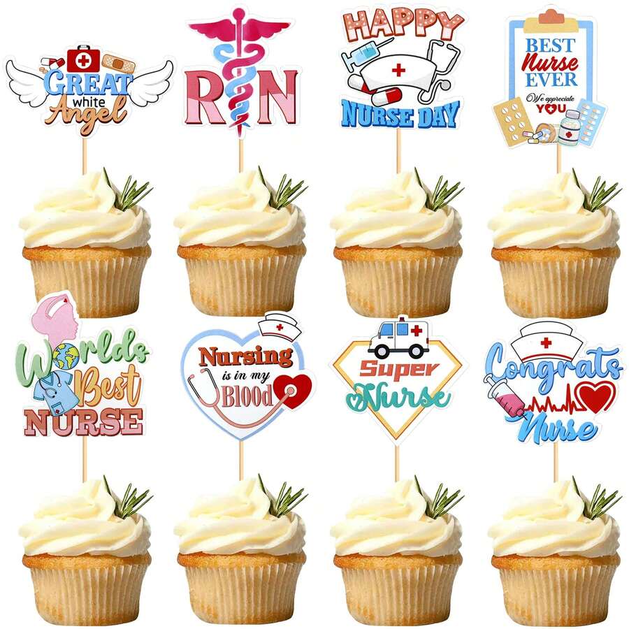 16 Peças Toppers de Cupcake em Papel com Tema de Enfermagem, Palitos Impressos de Enfermeira RN para Dia da Enfermagem, Dia da Enfermeira, Escola de Enfermagem, Formatura de Enfermeira, Decorações de Bolo para Festa de Aniversário - Visão 1