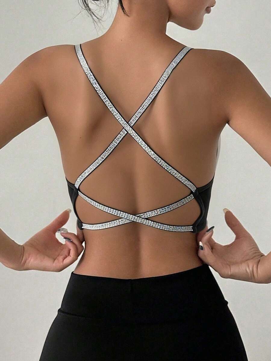 DAZY 1pc Seamless Ribbed Criss-Cross Strap Racerback High-Impact Sports Bra, Removable Pads, Soft & Breathable Yoga Crop Top