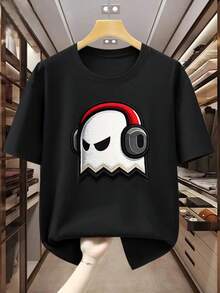 Men's 100% Pure Cotton T-Shirt With Skull Print, Headphones, Crew Neck, Short Sleeves, Comfortable And Casual For Summer. Plain White T-Shirt. - 黑色 - 查看 6