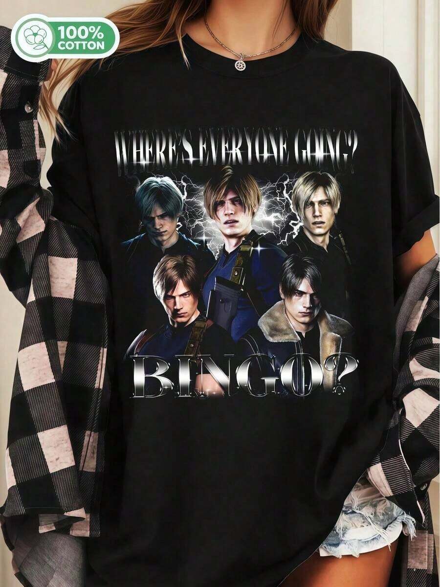 2026 Leon Kennedy Bingo T-shirt, Retro RE9 Grafisk T-shirt Leon Kennedy Bingo Unisex 100 % Bomull Kortärmad T-shirt Videospelsfigur Streetwear Grafisk Rund Hals T-shirt Sommaroutfit Dam - Schwarz - Visa 1