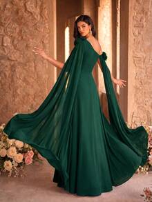 SUPGIR Asymmetrical Neck Floral Decor Extra Long Draped Waist Pleat Chiffon Dress, Bridesmaid Dress Wedding Spring - Màu xanh lá cây đậm - Xem 3