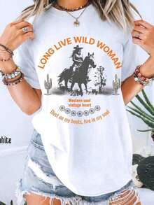 1 camiseta de gran tamaño con estampado grande, camiseta blanca con diseño "Rockin Around The Christmas Tree", camiseta navideña estilo country, camiseta retro de estilo western navideño, camiseta familiar de estilo cowboy, cómoda, cuello redondo, versátil, perfecta para actividades al aire libre. Camiseta de algodón. - Blanco 2 - Ver 1